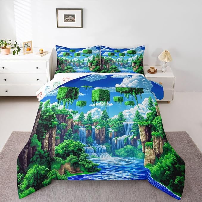 Manfei Pixelated Games Comforter Set -Cartoon Gamepad Comforter Queen Size Block Building Gaming Bedding Set for Kids Adults Bedroom Decor Fashion Modern Quilt Duvet,3 Pcs with 2 Pillowcase