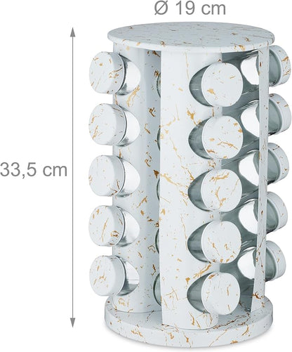 Relaxdays, White Spice Carousel, 20 Spice Jars, Shaker Insert, 360° Rotatable, Spice Bar, H x D 33.5 x 19 cm, Marble Look, Glass