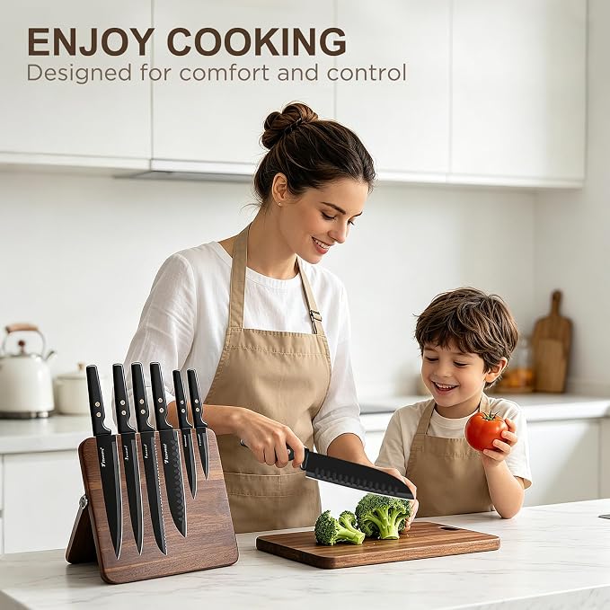 12-Piece Kitchen Knife Set, Stainless Steel Knives with Non-Stick Coating, Dishwasher Safe, Black Knife Set with Rose Gold Rivets 6 Blade Guards, Perfect for Home Chefs Cooking Enthusiasts