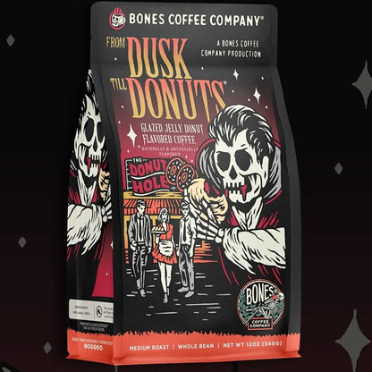Bones Coffee Company From Dusk Till Donuts Jelly Donuts Flavored Coffee, Medium Roast Low Acid Arabica Beans Compatible with Auto drip and French Press Coffee Maker, 12 Oz Ground