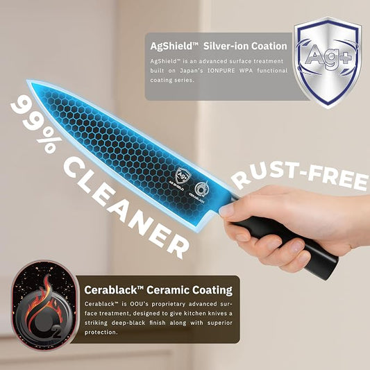 OOU® Black Blade 8 Inch Chef Knife with AgShield™ & Cerablack™ Technology, Rust-Resistant & Easy-Clean Finish, High Carbon Stainless Steel for Meat & Vegetables