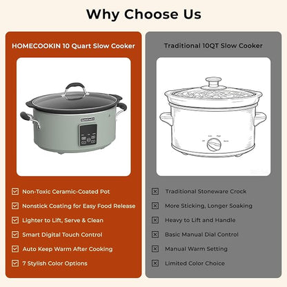 HOMECOOKIN Slow Cooker, Extra Large 10 Quart Programmable Slow Cookers with Timer, Dishwasher Safe Glass Lid & Crock, Kitchen Appliance for Families and Gatherings, Olive