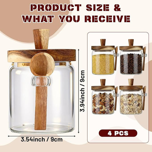 Remerry Set of 4 Glass Jar with Wooden Lid and Spoon, 13.5 oz Coffee Bean Tea Sugar Jar Set, Clear Airtight Spice Canisters Glass Food Storage Kitchen Containers for Coffee Bean Tea Sugar