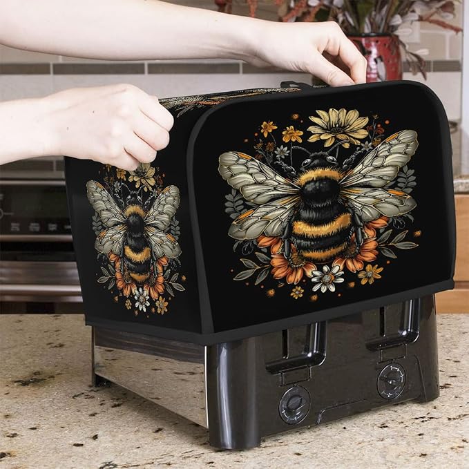 Animals Bee Toaster Cover 4 Slice Wide Slot Washable Toaster Covers | Flowers Art Dust and Fingerprint Protection Bread Maker Covers for Kitchen Accessories Decor Bakeware Women Gift