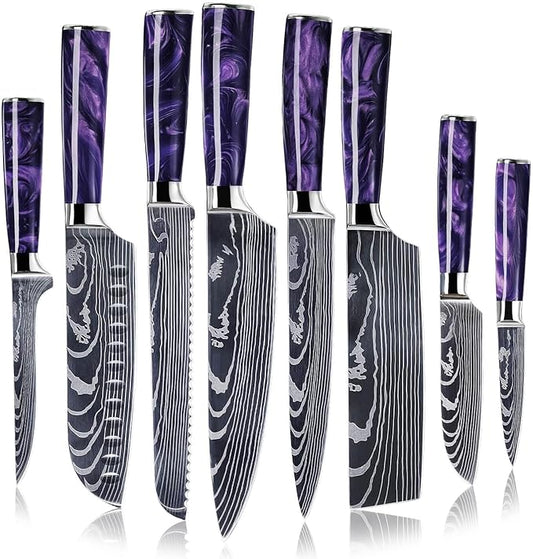 SENKEN 8-Piece Japanese Knife Set with Purple Resin Handle and Laser Damascus Pattern - Amethyst Collection - Chef's Knife, Cleaver, Santoku, Paring Knife, & More (Amethyst Purple)