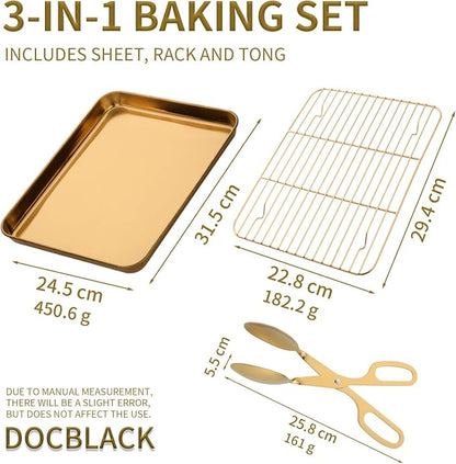 DOCBLACK Baking Sheet with Wire Rack and BBQ Tong Set, Stainless Steel Cookie Sheet Baking Tray & Cooling Rack & 26cm Food Tong for Cooking and Oven, Dishwasher Safe-Gold