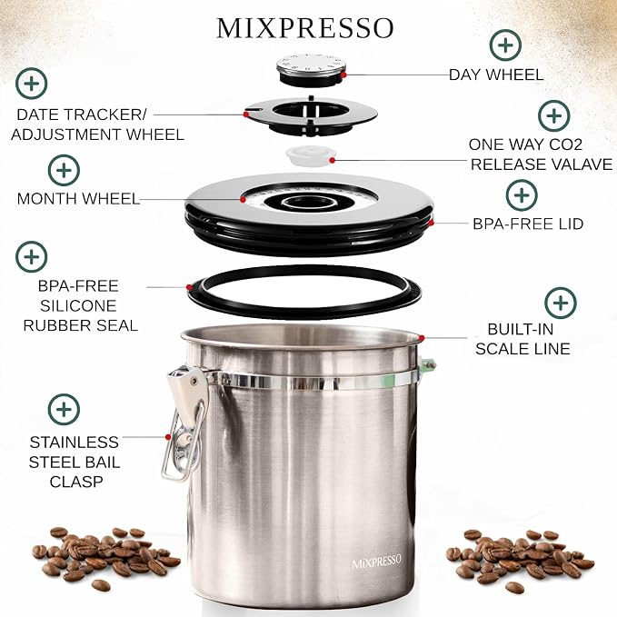 Mixpresso 16 Oz Stainless Steel Coffee Canister with Scoop – Airtight Coffee Container with CO2 Valve for Bean Storage, Date Tracker Lid