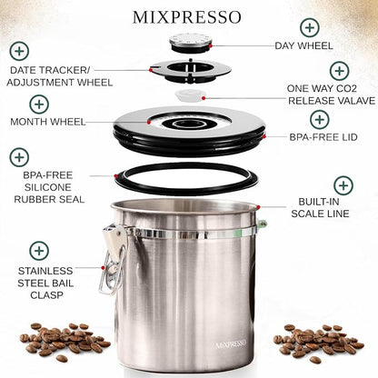 Mixpresso 16 Oz Stainless Steel Coffee Canister with Scoop – Airtight Coffee Container with CO2 Valve for Bean Storage, Date Tracker Lid