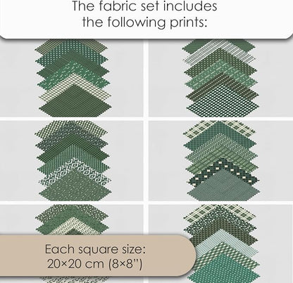 Cotton Satin Patchwork Fabric Panel – 35 Designs, 20×20 cm Squares, Single Piece 150×110 cm, Green Botanical Quilt Fabric (Forest Green Patchwork Set, 35pcs 8x8 inch)