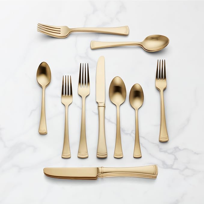 Lenox Silverware Set For 12, Portola Gold 20-Piece Flatware Set, Service For 4, Dishwasher Safe 18/10 Stainless Steel Silverware, Elegant Gold Satin Finish, Knives Spoons and Forks (Golden 20 Piece)