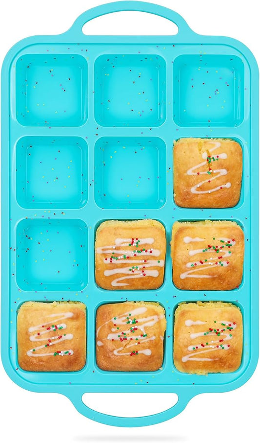 KASHME 1 Pc Silicone Brownie Pans With Dividers, 12-Cavity Non Stick All Edges Mini Brownie Baking Pan With Metal Frame, Square Muffin Pan For Oven, Aqua