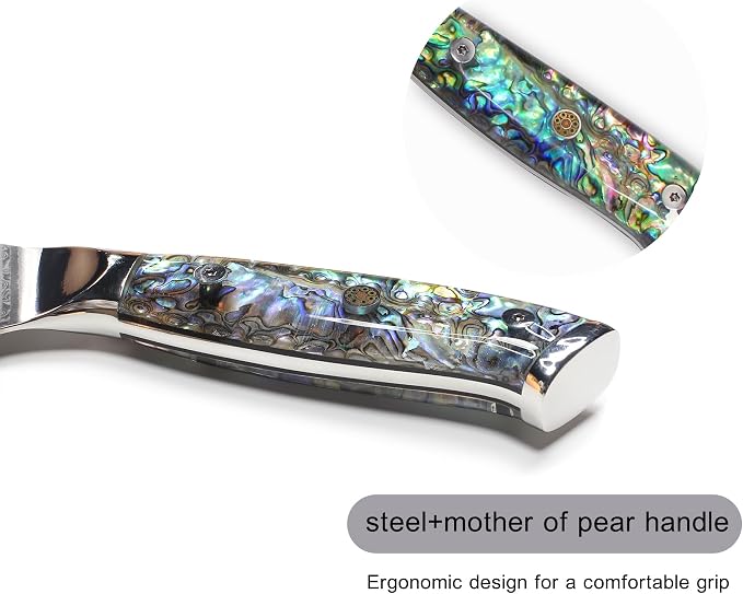 Miyake Chef Knife Santoku Knife 8.5 inch, Professional Kitchen Knife High Carbon Steel Sharp Blade with Abalone Shell Resin Handle, Gift Box Included