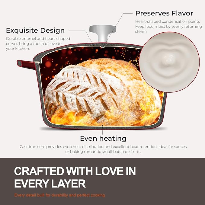 Overmont Enameled Cast Iron Dutch Oven - Heart-Shaped Pot with Lid Cookbook & Cotton Pot Holders - Mini Cookware Oven Safe to 500°F for Sourdough Baking Soups Stews - Great Gift for Wedding Birthday Housewarming 2QT Red