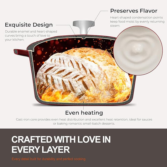 Overmont Enameled Cast Iron Dutch Oven - Heart-Shaped Pot with Lid Cookbook & Cotton Pot Holders - Mini Cookware Oven Safe to 500°F for Sourdough Baking Soups Stews - Great Gift for Wedding Birthday Housewarming 2QT Red