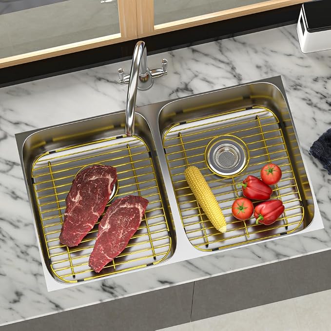 Bottom of Gold Sink Protector Rack, Stainless Steel 13.2" L X 11.6" W Sink Grid Dish Drying Rack Grate with Rear Drain Hole