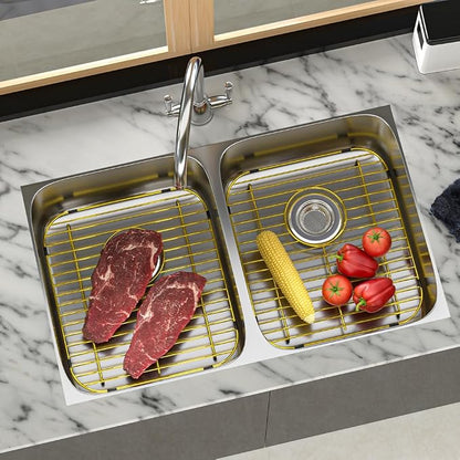 Bottom of Gold Sink Protector Rack, Stainless Steel 13.2" L X 11.6" W Sink Grid Dish Drying Rack Grate with Rear Drain Hole