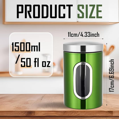 Zopeal 6 Pack Green Canisters Sets For Kitchen 50oz Stainless Steel Kitchen Canisters with Transparent Windows Flour Sugar Container Metal Jar Countertop Set for Coffee Tea Decorative
