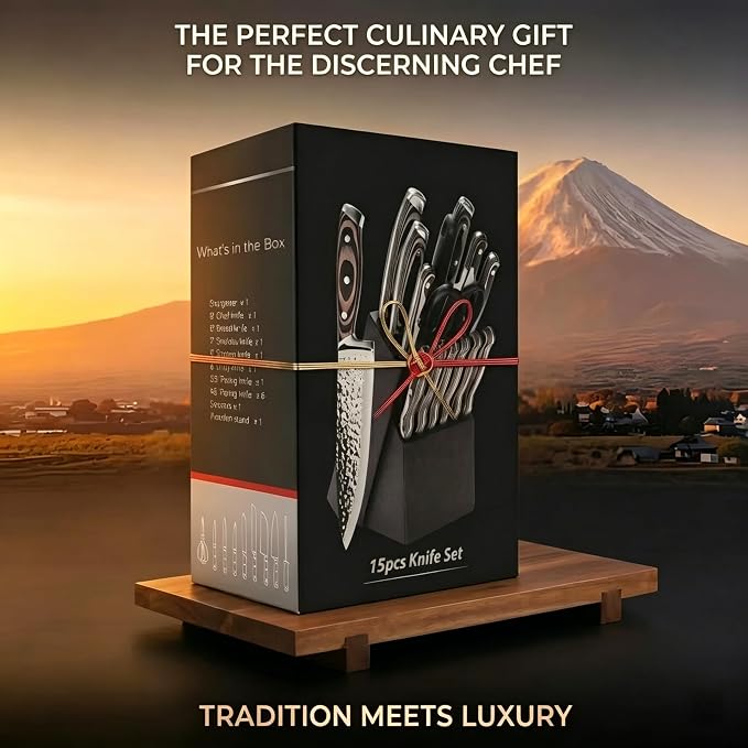 Methway Knife Set, 15-Piece Kitchen Knife Set with Block, High Carbon Stainless Steel Japanese Knife Set, Sharp Hammered Finish, Full Tang, Ergonomic Wood Grain Handle, Dishwasher Safe, Gray