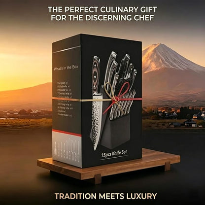 Methway Knife Set, 15-Piece Kitchen Knife Set with Block, High Carbon Stainless Steel Japanese Knife Set, Sharp Hammered Finish, Full Tang, Ergonomic Wood Grain Handle, Dishwasher Safe, Gray