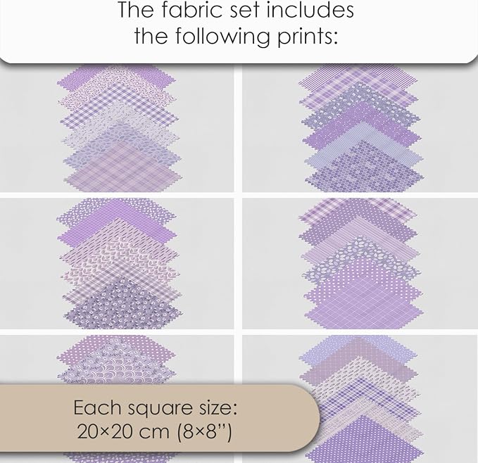Cotton Satin Patchwork Fabric Panel – 35 Designs, 20×20 cm Squares, Single Piece 150×110 cm, Lavender Floral Quilt Fabric (Lavender Dreams Patchwork Set, 35pcs 8x8 inch)