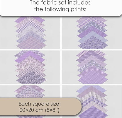 Cotton Satin Patchwork Fabric Panel – 35 Designs, 20×20 cm Squares, Single Piece 150×110 cm, Lavender Floral Quilt Fabric (Lavender Dreams Patchwork Set, 35pcs 8x8 inch)