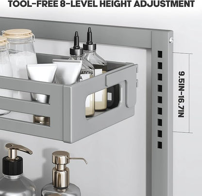 2 Pack 21IN-Depth Under Sink Organizer,Pull Out Cabinet Organizer With Smooth Cylindrical Rail,Metal Slide Out Drawer for Kitchen Bathroom Laundry,8-Level Tool Free Height Adjustable-Gun Gray