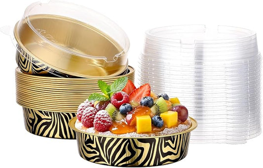 Beasea 7.3oz Cheesecake Pan with Lids, 20 Pack 4 Inch Round Aluminum Foil Disposable Tart Tins, Cupcake Container with Lids Mini Pie Tart Pans Baking Cups For Pizza Quiche - Tiger Stripes