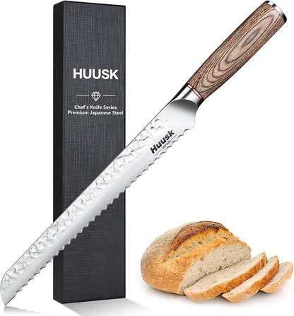 Huusk Japanese Sourdough Bread Knife - 10" Sharp Bread Slicing Knife for Homemade Cake Toast Bagel, Stainless Serrated Long Knives for Fruit Vegetable Watermelon, Gift Idea for Men Women Baking Lover
