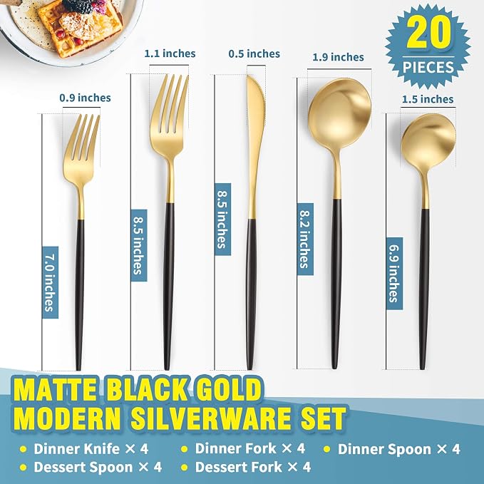 Lemeya Matte Black Gold Silverware Set for 4,Modern Stainless Steel Brushed Cutlery Set,20-Pieces Heavy Duty Flatware Set,Knives Spoons and Forks Set Utensils Set, Satin Finish, Dishwasher Safe