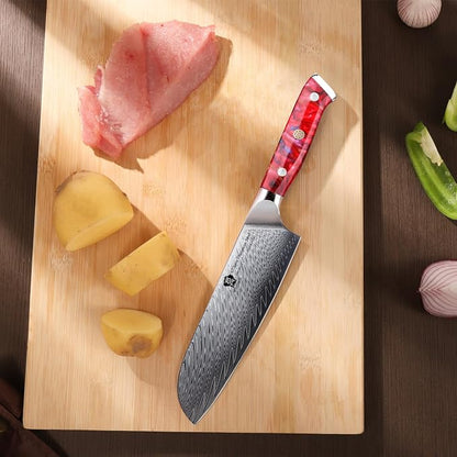 WILDMOK Santoku Knife 7 inch, Professional Japanese VG 10 Damascus steel Santoku Knife, Knives with Ergonomic Full Tang Resin handle, suitable Home Kitchen and Restaurant
