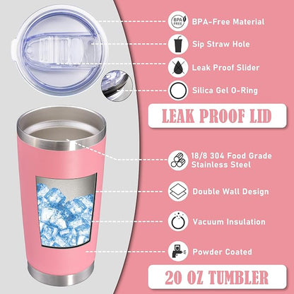 20 oz Tumbler Coffee Travel Tumblers Bulk with Lid Stainless Steel Double Wall Vacuum Insulated Mug Powder Coated Cups fit Car Cupholder for Hot and Cold - Pink, 4Pack