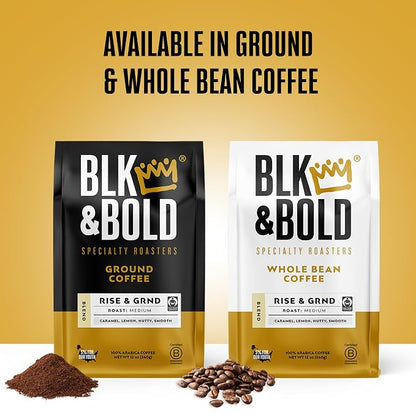 BLK & Bold Ground Coffee, Rise & GRND Medium Roast, Toffee Lemon Nutty Notes, For Drip Coffee Maker, French Press & Coffee Pot, 2lb Bag