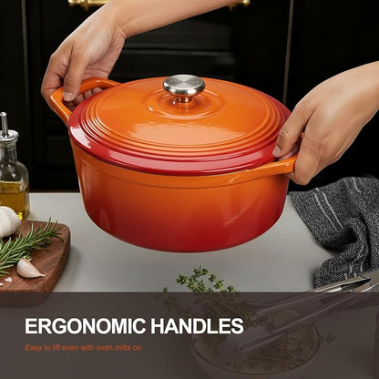 Overmont Enameled Cast Iron Dutch Oven - 5.5QT Pot with Wide Handles Lid Cookbook & Cotton Potholders - Heavy-Duty Pre-Seasoned Cookware Oven Safe to 500°F for Braising, Stews, Roasting, Sourdough Baking