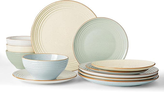 Famiware Jupiter 12-Piece Stoneware Dinnerware Set for 4, Handcrafted Plates and Bowls with Speckles & Embossed Swirls, Chip/Scratch Resistant, Microwave/Dishwasher Safe, Modern Dishes, Multi-color