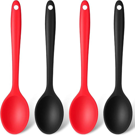 Patelai 4 Pieces Small Silicone Cooking Spoons 8 Inch Heat Resistant Silicone Serving Stirring Spoon for Kitchen Nonstick Cooking Tool Basting Utensils Dishwasher Safe(Red, Black)