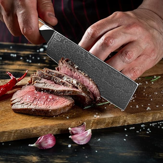 Damascus Steel 7-Inch Nakiri Knife with Olive Wood Handle - Sharp Precision Kitchen Knife for Professional & Home Chefs