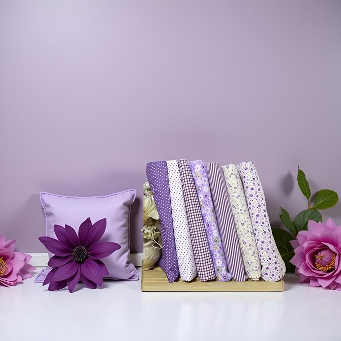 7Pcs Square Shape, Flower, Striped, Polka Dot Cotton Fabric Fabric for Sewing, 25x25cm Cotton Fabric Flower Polka Dot Bundle DIY Patchwork Quilt Cloth,Craft and Hobby Fabric (Purple)