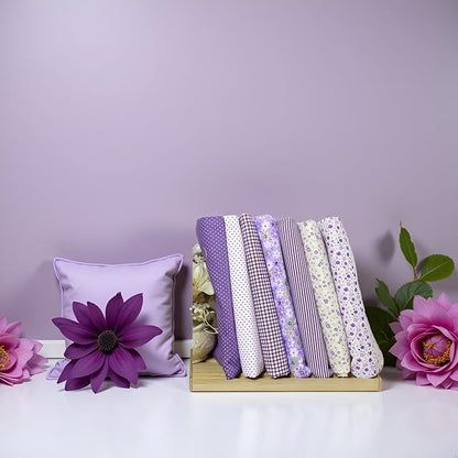 7Pcs Square Shape, Flower, Striped, Polka Dot Cotton Fabric Fabric for Sewing, 25x25cm Cotton Fabric Flower Polka Dot Bundle DIY Patchwork Quilt Cloth,Craft and Hobby Fabric (Purple)