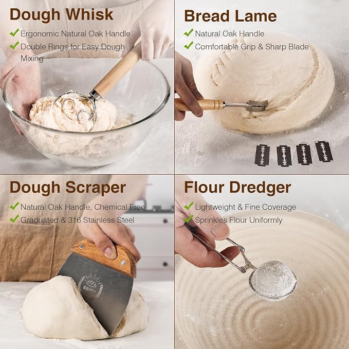 Wood Pulp Banneton Bread Proofing Baskets, 9" Round Sourdough Basket | 2.2LB Capacity, Sourdough Kit with Linen Covers, Dough Whisk, Scraper, Bread Lame & Flour Dredger