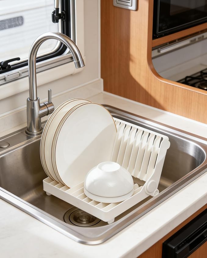 Collapsible Small Dish Drying Rack for RV, Camper, Dorm & Small Space – 12-Slot Foldable Plate Organizer, Compact Plastic Cabinet-Friendly Dish Holder for Kitchen Counter, Sink, Boat & Apartment