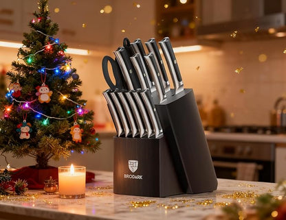 BRODARK 15 PCS Knife Set with Block,Pakkawood Handle Kitchen Knife Set | Ultra Sharp Chef Knife set with sharpener, High Carbon Stainless Steel, Non-Slip Grip for Cooking, Gift Box for Dad Father