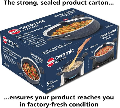 HAWKINS Ceramic Nonstick 3.5 Litre Deep Kadhai, Induction Deep Fry Pan with Glass Lid, Granite Kadai (ICK35G)