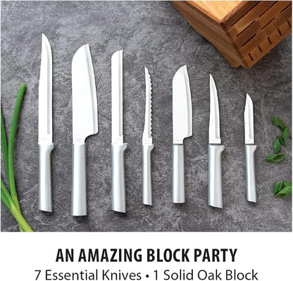 Rada Cutlery Essential Oak Block Set (S58) with Quick Edge Sharpener (R119), 8-Piece Block Knife Set and Knife Sharpener, Stainless Steel Blades, Silver Handle