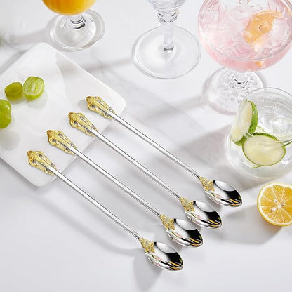 KEAWELL Luxurious 9 Inch Long Iced Tea Spoon Set - 4 Pieces - Gorgeous Design with Exceptional Mirror Polished Finish - 18/10 Stainless Steel- Perfect for Tall Glasses, Cocktails (Gold Accent)