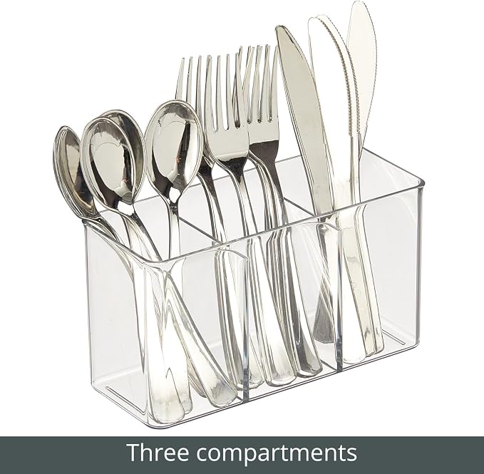 mDesign Plastic Cutlery Storage Organizer Bin for Kitchen Cabinet, Pantry/Home - Holds Forks, Knives, Spoons - 3 Section - Indoor or Outdoor Use - Clear