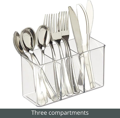 mDesign Plastic Cutlery Storage Organizer Bin for Kitchen Cabinet, Pantry/Home - Holds Forks, Knives, Spoons - 3 Section - Indoor or Outdoor Use - Clear