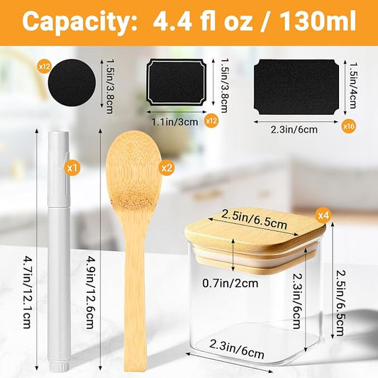 Glass Jar with Lid Set of 4, 4 Fl.oz Square Glass Storage Jars with Bamboo Lids, Clear Spice Container Seasoning Canister for Sugar Coffee Tea - Included Label Sticker, Spoon and Marker