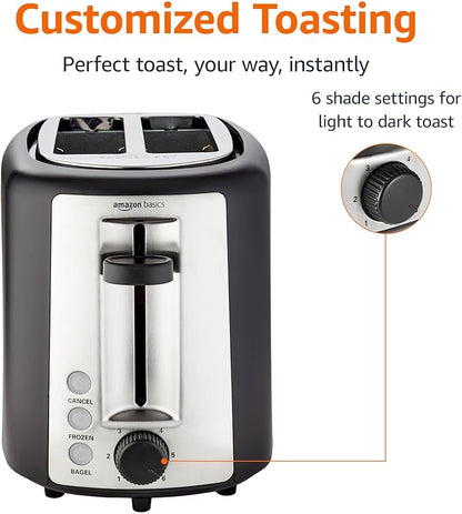 Amazon Basics 2 Slice Toaster, Extra Wide Slots for Bagels, 6 Browning Settings, Removable Crumb Tray, Defrost/Cancel/Bagel Buttons, Cord Wrap, 900W, Black & Silver