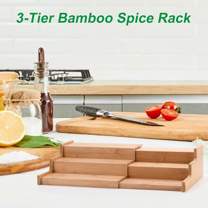 3-Tier Bamboo Expandable Spice Rack, Step Shelf Cabinet Organizer Step Shelf Kitchen Pantry Cabinet Expandable Display Shelf,Spice Holder Cabinet Seasoning Tower for Kitchen(#1)
