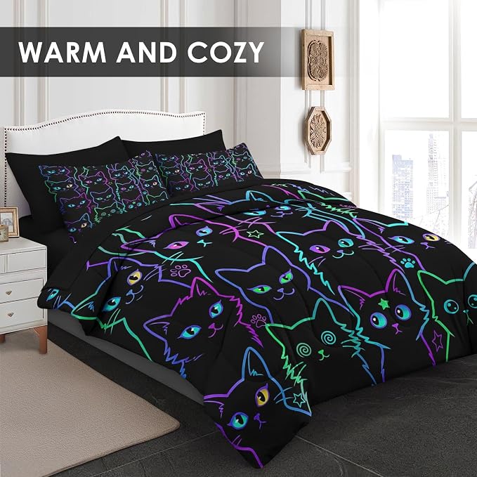 Pamnest 7 Pcs King Size Comforter Set with 2 Pillowcases & 2 Shams, Cute Cat Halloween Bedding Set for Kids and Adults, Neon Funny Gothic Bed in a Bag with Flat Sheet and Fitted Sheet